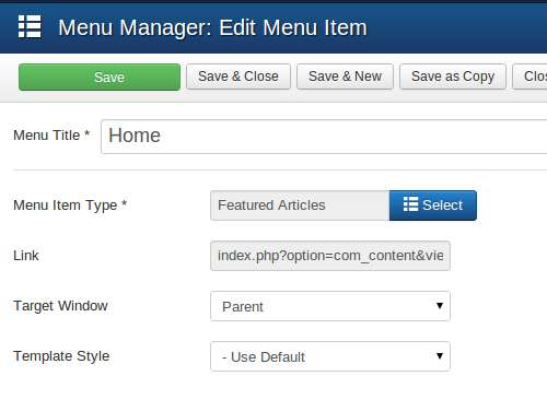 Menu Item Type and Link of a menu item